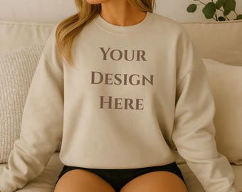 Cozy Gildan 18000 Sand Model Sweatshirt Mockup G180 Sand Crewneck Mock-up Book lover Sweater Mockup printify print on demand