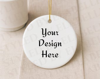 Christmas Round Ornament Mockup SnowFlake Ceramic Ornament mockup Print on demand Ornament Gold String Holiday Mockups