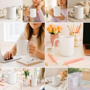 Cozy Mug Mockup Bundle 11 oz and 15 oz, Coffee Mug Mockup bundle, White Ceramic 11oz 15oz mockups print on demand Lifestyle Home Office