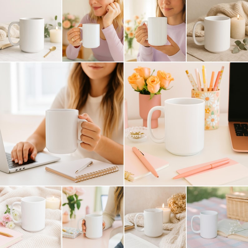 Cozy Mug Mockup Bundle 11 oz and 15 oz, Coffee Mug Mockup bundle, White Ceramic 11oz 15oz mockups print on demand Lifestyle Home Office