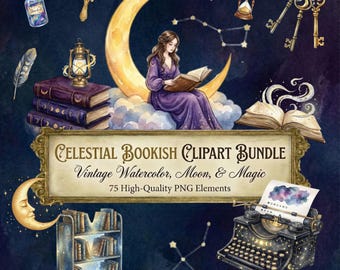 Celestial Bookish Clipart Bundle Vintage Watercolor Library PNGs Dark Academia Reading Graphics