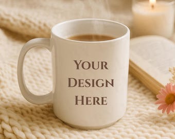 Cozy White 15 oz Mug Mockup, Minimalist 15 oz coffe mug mockup, ceramic mug mockups  print on demand printify printful trendy mug mockup
