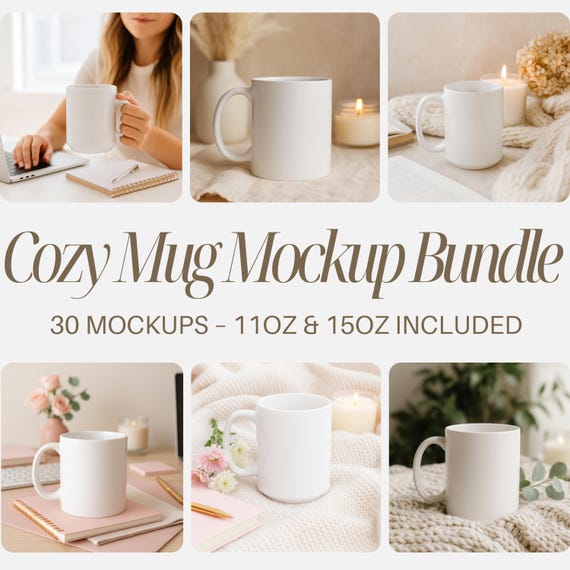 Cozy Mug Mockup Bundle 11 oz and 15 oz, Coffee Mug Mockup bundle, White Ceramic 11oz 15oz mockups print on demand Lifestyle Home Office