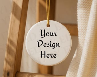 Christmas Round Ornament Mockup SnowFlake Ceramic Ornament mockup Print on demand Ornament Gold String Holiday Mockups
