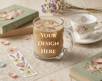 Clear Glass Mug Mockup 10 oz, Coffee Cup mockups print on demand trendy book lover cottagecore