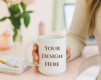 White 15 oz Mug Mockup, Office 15 oz coffe mug mockup, ceramic mug mockups  print on demand printify printful trendy mug mockup