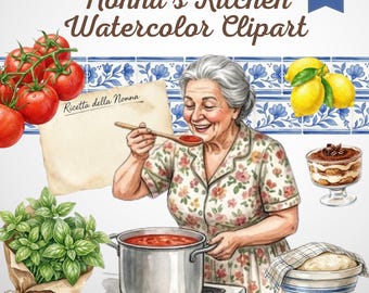 Nonna's Kitchen Clipart Bundle Watercolor Italian Food & Pasta Making PNGs