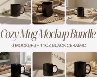 Cozy Black Mug Mockup Bundle 11 oz, Coffee Mug Mockup bundle, Black Ceramic 11oz mockups print on demand Lifestyle Home Office