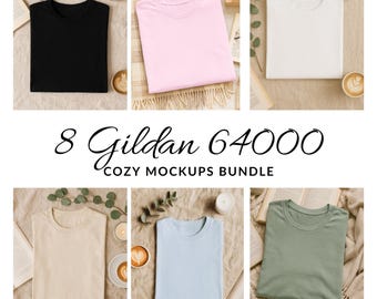 Cosy 8 Gildan 64000 mockup-bundel, G64000 gevouwen mock-upbundel Bookish Book Lover-mockup gezellig platliggend gevouwen shirt-mockup