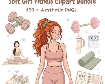 Soft Girl Fitness Clipart Bundle Gym Girls & Equipment PNGs