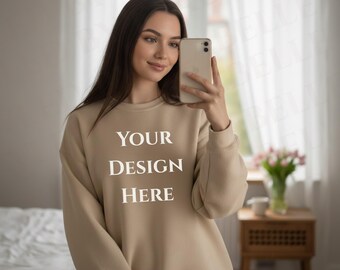Cozy Gildan 18000 Sand Model Sweatshirt Mockup G180 Sand Crewneck Mock-up Book lover Sweater Mockup printify print on demand