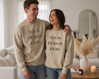 Conjunto de sudaderas Gildan 18000 color arena para parejas, diseño romántico de San Valentín.