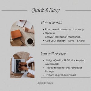 May include: A light gray graphic with the text "Quick & Easy" and instructions for using a digital mockup. The image includes a photo of a person using a laptop and a photo of a person with a notebook and coffee.