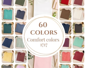 May include: A collection of 60 Comfort Colors 1717 t-shirts in various colors, including purple, green, blue, yellow, and pink. The shirts are displayed on a neutral background with a central graphic that reads "60 COLORS Comfort colors 1717".