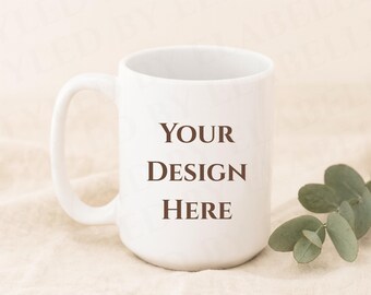 Cozy White 15 oz Mug Mockup, Minimalist 15 oz coffe mug mockup, ceramic mug mockups  print on demand printify printful trendy mug mockup