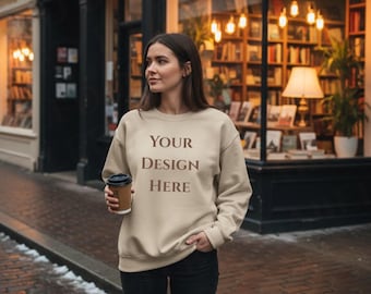 Cozy Gildan 18000 Sand Model Sweatshirt Mockup G180 Sand Crewneck Mock-up Book lover Sweater Mockup printify print on demand
