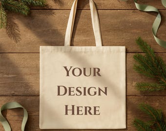 Christmas Canvas Tote bag Mockup Natural, Book Lover Tote Bag Lifestyle Shopping Bag Mock-Up Cottton Beige Tote Bag Liberty Bags OAD113