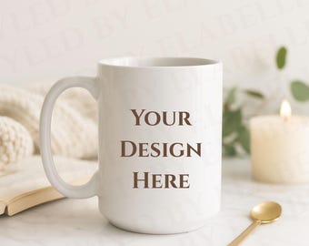 Cozy White 15 oz Mug Mockup, Minimalist 15 oz coffe mug mockup, ceramic mug mockups  print on demand printify printful trendy mug mockup