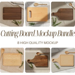May include: A collection of eight cutting board mockups in various wood tones. The image showcases rectangular and paddle-shaped boards, some with handles, alongside wooden spoons and sprigs of herbs. Text reads "Cutting Board Mockup Bundle" and "8 High Quality Mockup."
