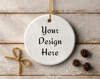 Christmas Round Ornament Mockup SnowFlake Ceramic Ornament mockup Print on demand Ornament Gold String Holiday Mockups