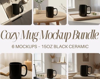 Cozy Black Mug Mockup Bundle 15 oz, Coffee Mug Mockup bundle, Black Ceramic 15oz mockups print on demand Lifestyle Home Office