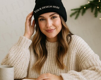 Black Classic Cuffed Beanine Mockup, Black Yupoong 1501KC Mockup Winter Cuffed Hat Christmas