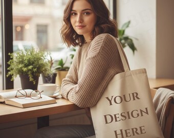 Canvas Tote bag Model Mockup Natural, Book Lover Tote Bag Lifestyle Shopping Bag Mock-Up Cottton Beige Tote Bag Liberty Bags OAD113