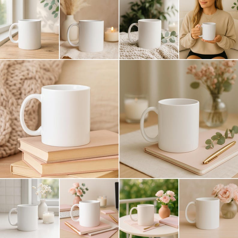 Cozy Mug Mockup Bundle 11 oz and 15 oz, Coffee Mug Mockup bundle, White Ceramic 11oz 15oz mockups print on demand Lifestyle Home Office