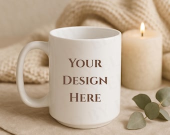 Cozy White 15 oz Mug Mockup, Minimalist 15 oz coffe mug mockup, ceramic mug mockups  print on demand printify printful trendy mug mockup