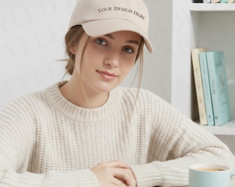 Stone Dad Hat Mockup, Yupoong 6245CM, Woman Model (PNG)