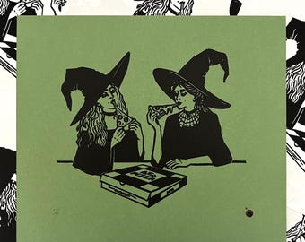 Beste Freunde Hexen Pizza Linoldruck, Cozy Witchy Kunst