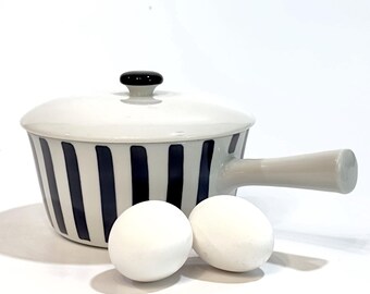 Vintage Lyngby Porcelain Pot: Blue Stripe Mid-Century Modern Stoneware Lidded Sauce Pot