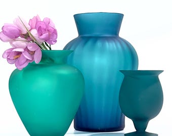 Sumptuous Frosted Shades of Jade Glass Vase Curation - Group of 3
