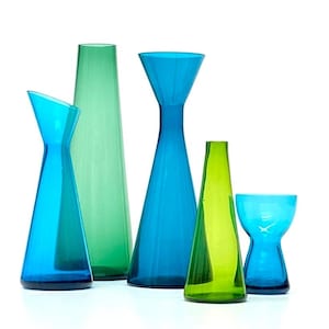 Mid Century Conical Blue and Green Glass Vase Curation - Group of 5