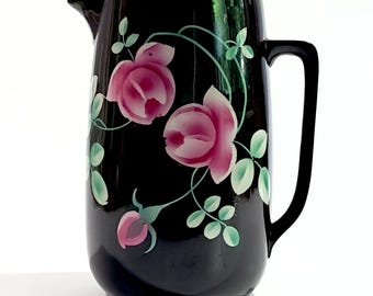 Extra Large Vintage Hand-Painted Black Ceramic Pitcher, Made in England
