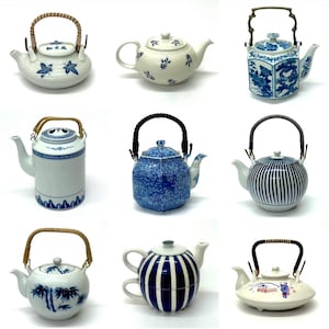 May include: Nine ceramic teapots in various designs. The teapots are white with blue patterns, including floral, geometric, and bamboo motifs. Some have woven handles, while others have metal or ceramic handles. The teapots vary in shape and size.