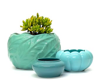 Mid-Century Hollywood Regency Mixed Turquoise Planters - Group of 3