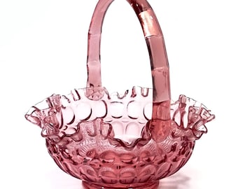 Vintage Fenton Colonial Pink Thumbprint Art Glass Basket (pattern #4438)