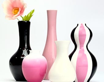 Super-Cute Pink Black & White Petite Ceramic Bud Vase Curation - Group of 5