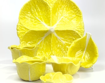 Vintage SECLA Portugal Citron Yellow Cabbage Majolica Serveware & Bowl Collection