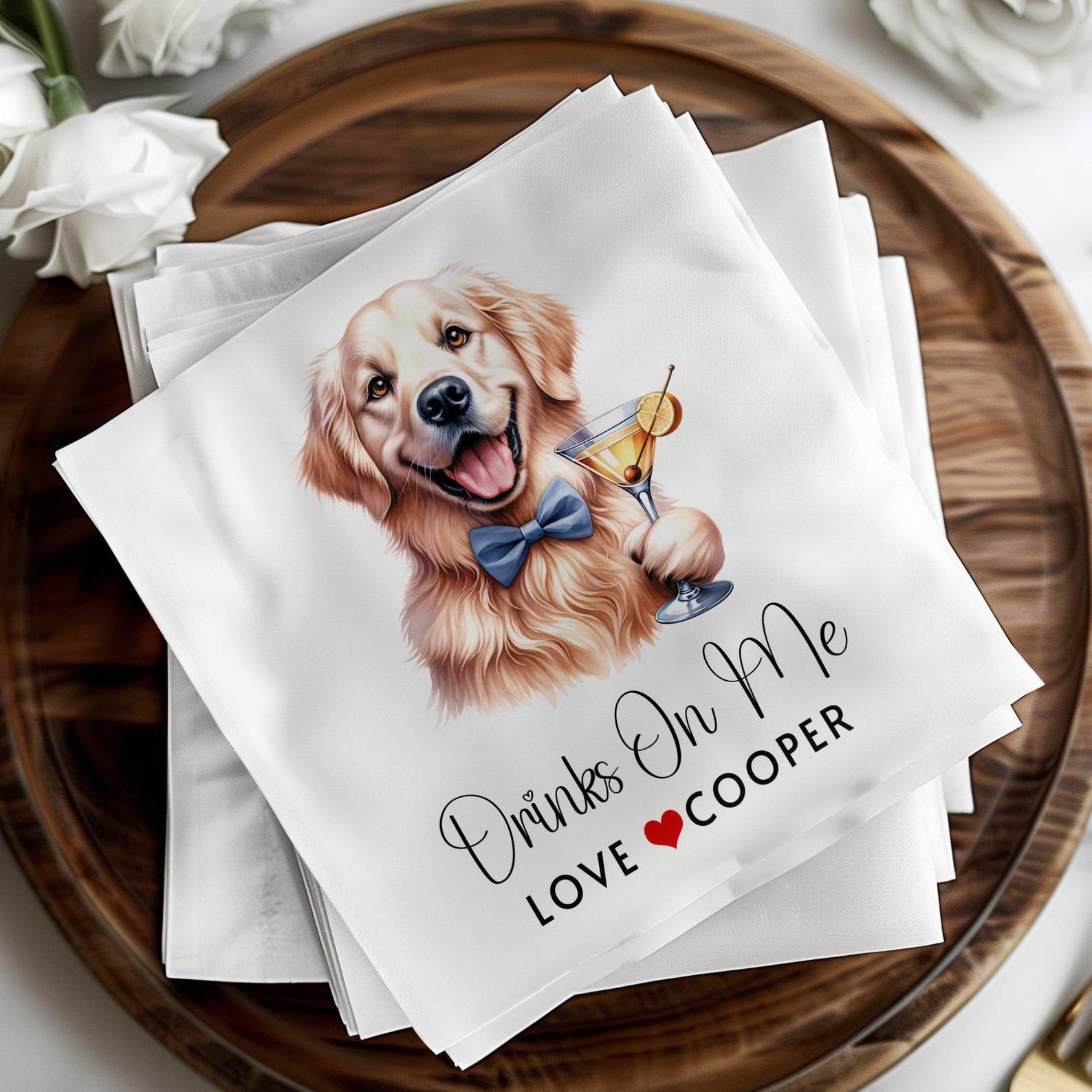 Custom Dog Cocktail Napkins, Personalized Pet Wedding Napkins, GOLDEN
