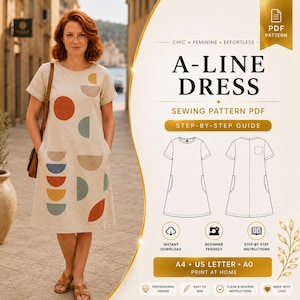 Women's Loose Fit A-Line Dress Pattern PDF | Short Sleeve Dress Sewing Pattern | Instant Download | Beginner PDF