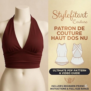 Può includere: Un top all'americana bordeaux esposto su un manichino. Il top ha uno scollo a V profondo e un busto arricciato. A destra c'è una grafica con il testo "Stylefitart Couture PATRON DE COUTURE HAUT DOS NU" e "ULTIMATE PDF PATTERN & VIDEO GUIDE".