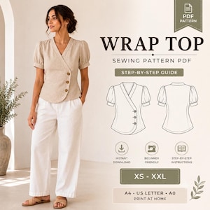 Può includere: Un top a portafoglio beige con maniche corte a sbuffo e tre bottoni, mostrato come cartamodello PDF. Il testo recita WRAP TOP SEWING PATTERN PDF, STEP-BY-STEP GUIDE, INSTANT DOWNLOAD, BEGINNER FRIENDLY, STEP-BY-STEP INSTRUCTIONS, XS - XXL, A4 - US LETTER - A0.