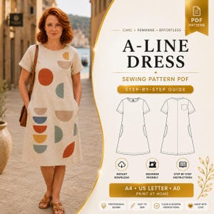 Pode incluir: Um molde de costura em PDF para um vestido em linha A com mangas curtas, comprimento até o joelho e bolsos laterais. O molde inclui um guia passo a passo, desenhos técnicos da frente e das costas, e é compatível com A4, US Letter e A0.
