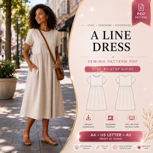 May include: A PDF sewing pattern for an A-line dress featuring a short-sleeved, midi-length design with a gathered waist and pockets. The document includes a step-by-step guide, technical line drawings, and is formatted for A4, US Letter, and A0 printing.