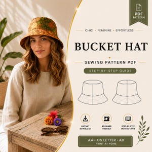 以下が含まれることがあります： バケットハットのデジタル縫製パターン。BUCKET HAT、SEWING PATTERN PDF、STEP-BY-STEP GUIDE、INSTANT DOWNLOAD、BEGINNER FRIENDLY、STEP-BY-STEP INSTRUCTIONS、A4 + US LETTER + A0 PRINT AT HOMEというテキストが含まれています。