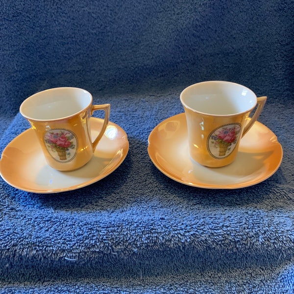 Set Of 2 Leuchtenburg Luster Ware Porcelain Floral Tea Cup & Saucer Germany