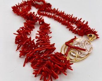 Authentic Italian Handmade Coral Necklace - Gold-Plated Pendant with Traditional Cameo - Luxurious Mediterranean Style