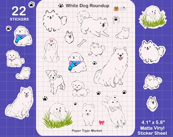 Feuille d'autocollants blancs pour chien | Stickers mignons - Stickers kawaii - Stickers agenda | Papeterie | Chiens | Chiot blanc